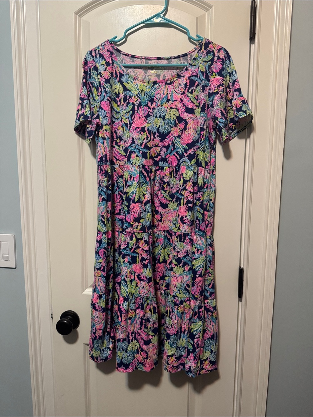 Lilly Pulitzer Navy Floral Tiered Midi Dress in Pink & Green